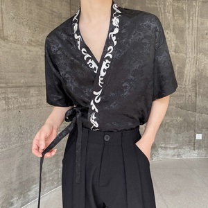 夏季新中式缎面提花刺绣绑带设计短袖男女衬衣风禅意9777P90,韩国穿搭文案分享图片