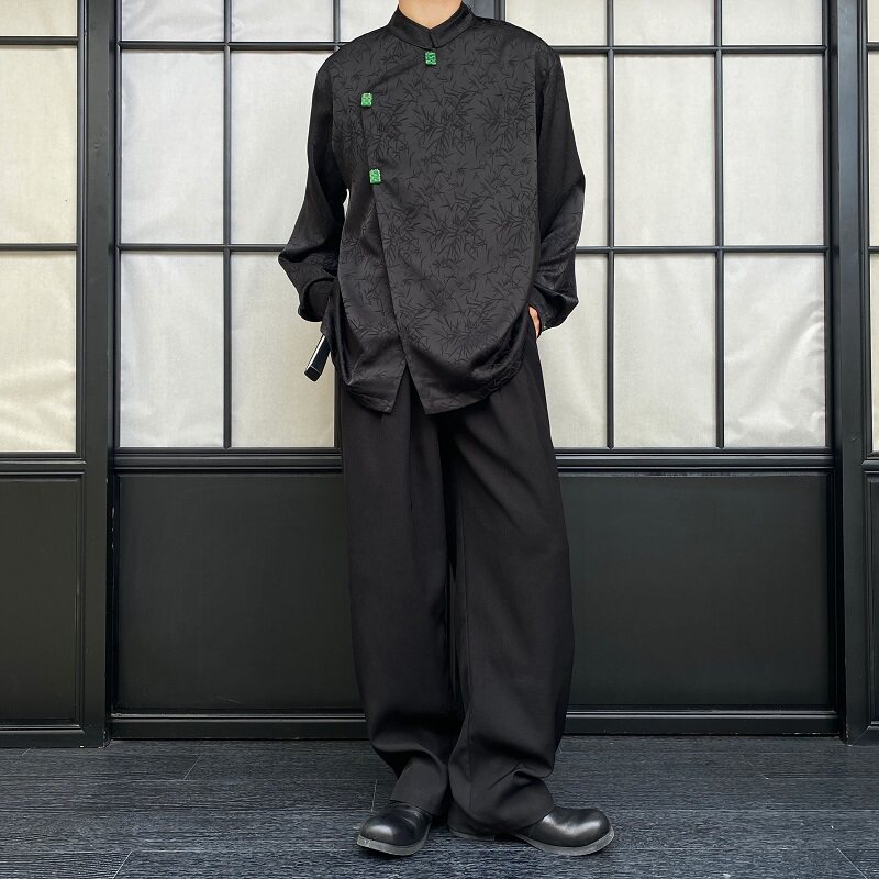 秋季中式斜襟立领长袖男女衬衣复古缎面提花玉喜挂饰衬衫2607P105,男装衬衫,电商A246
