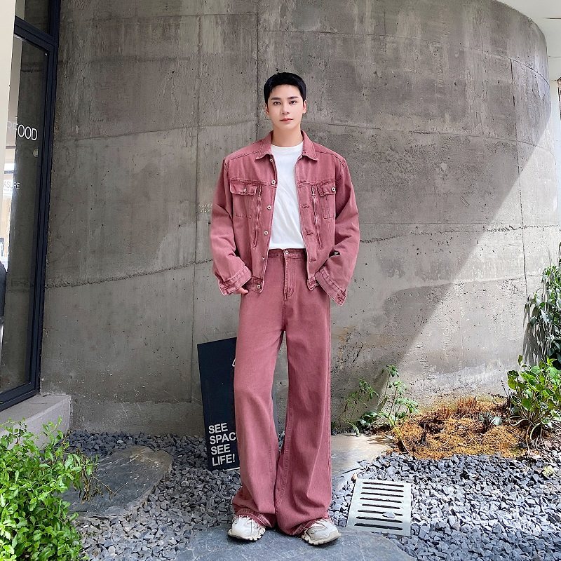 秋冬新款牛仔套装潮流多巴胺粉色翻领牛仔外套阔腿喇叭裤ZK15P195，男装工装外套，电商A246