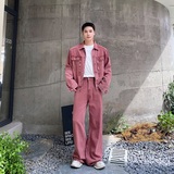 秋冬新款牛仔套装潮流多巴胺粉色翻领牛仔外套阔腿喇叭裤ZK15P195，男装工装外套，电商A246