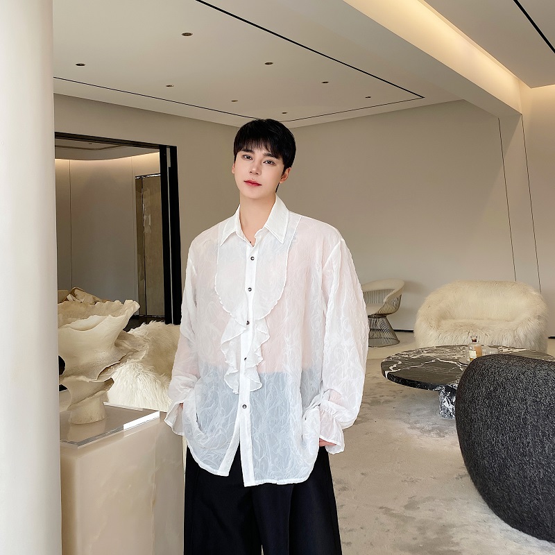 春夏个性压褶花边翻领长袖男女衬衣潮流痞帅薄纱防晒衬衫5235P85，男装防晒衣，电商A246