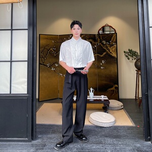 夏季新中式缎面提花立领短袖男女衬衣风禅意休闲衬衫3571P85图片