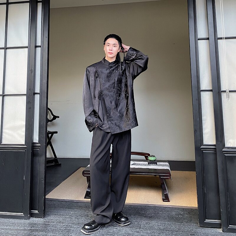 春季新中式刺绣系带立领长袖男女衬衣复古风禅意衬衫2641P115,男装衬衫,电商A246