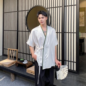 夏季新中式缎面拼色绑带设计短袖男女衬衣复古风禅意5257P85图片