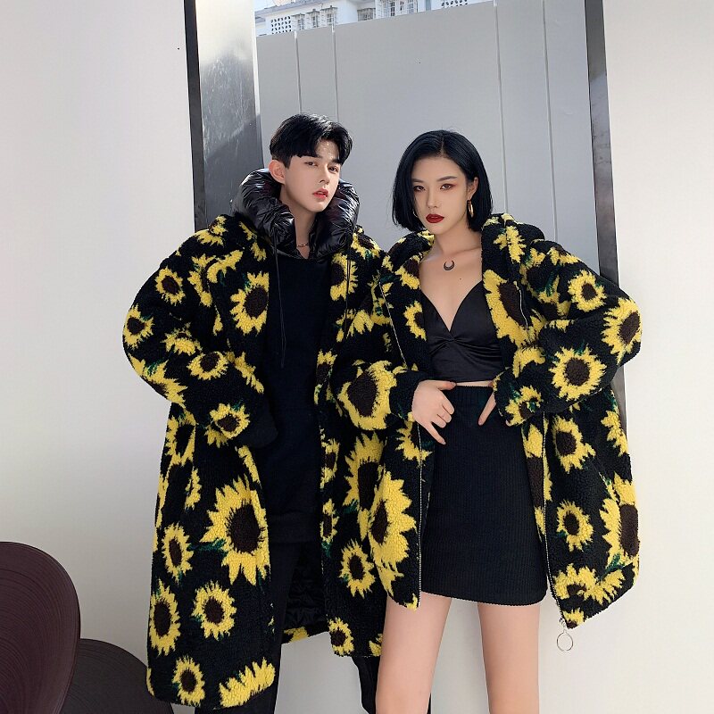 网红原创向日葵宽松长款大衣男女款加厚羊羔毛外套A261-9089-P165，女装短外套，电商A246