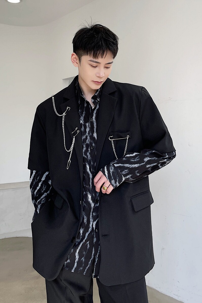 原创春夏小众短袖百搭气质个性金属链条可拆卸西服外套3857-P105,男装T恤,电商A246