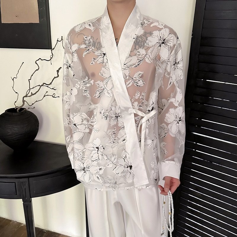 夏欧根纱提花禅意绑带长袖男女衬衣潮流复古休闲防晒衬衫3577P95,男装衬衫,电商A246
