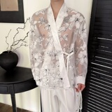 夏欧根纱提花禅意绑带长袖男女衬衣潮流复古休闲防晒衬衫3577P95，男装衬衫，电商A246