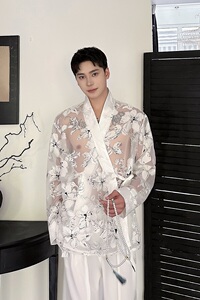 夏欧根纱提花禅意绑带长袖男女衬衣潮流复古休闲防晒衬衫3577P95图片