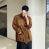 春季不规则飘带设计款翻领长袖男女衬衣复古缎面褶皱衬衫3541P100，男装衬衫，电商A246