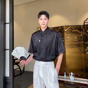 夏新中式缎面提花立领短袖男女衬衣复古风流苏压襟设计6816P95图片