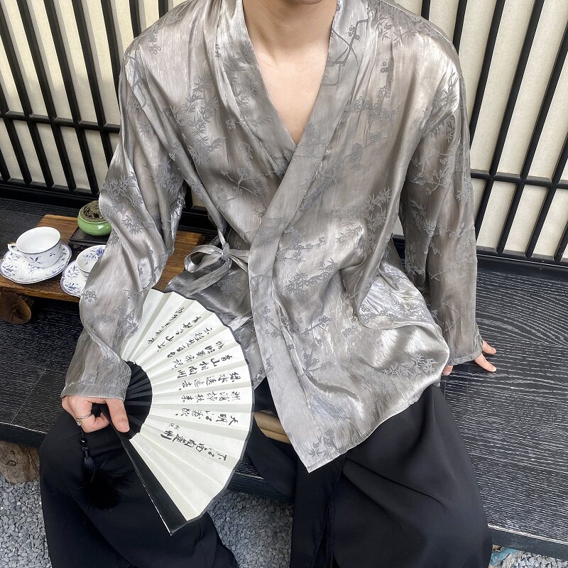 夏季原创丝光植绒新中式梅竹花长袖男女衬衣复古风衬衫9776P105,男装衬衫,电商A246