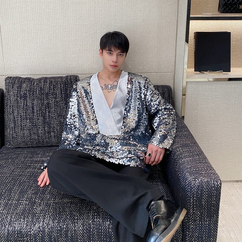 秋冬立体亮片缎面拼接套头V领西服外套潮流舞台演出服5243P175,男装西服,电商A246