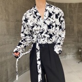 春季个性植绒肌理纹新中式男女长袖衬衣复古系带禅意无领3533P95，男装衬衫，电商A246