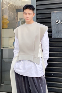 韩版原创个性飘带圆领男马甲潮流百搭外穿时髦套头坎肩5043P105图片