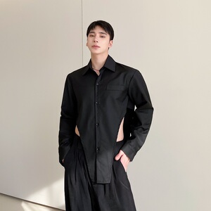早春小众露腰设计翻领长袖男衬衣个性辣弟风潮流衬衫2529P70图片