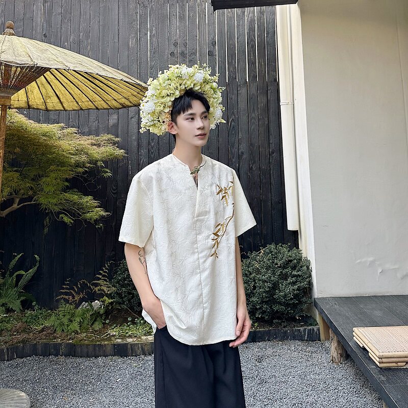 夏季新中式提花绣竹套头V领男女短袖衬衣复古禅意休闲衬衫5260P95图片