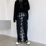 复古格子拼接休闲裤男时尚设计感高腰直筒宽松A246-5018-P105，男装休闲裤，电商A246