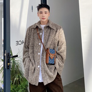秋冬韩版加厚珊瑚绒翻领男衬衣潮流个性宽松长袖毛毛外套5010P105