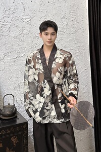 夏欧根纱提花禅意绑带长袖男女衬衣潮流复古休闲防晒衬衫3577P95图片