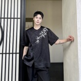 夏季新中式提花刺绣圆领短袖男女衬衣风复古衬衫7627P95，男装衬衫，电商A246