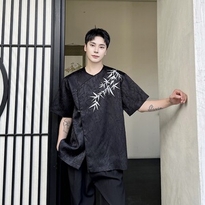 夏季新中式提花刺绣圆领短袖男女衬衣风复古衬衫7627P95图片