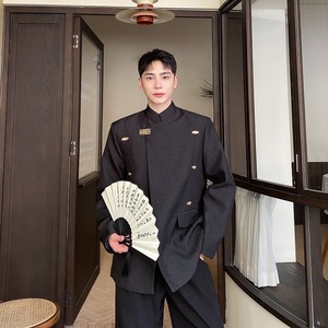 秋冬新中式立领金属扣西服个性立体纹理复古衬衣风外套3523P145图片
