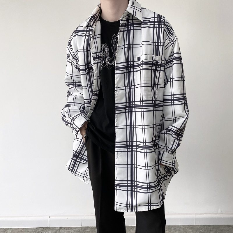冬季韩版格纹绗缝加棉长款男棉衣衬衣简约冷淡风复古宽松9096P115，男装衬衫，电商A246
