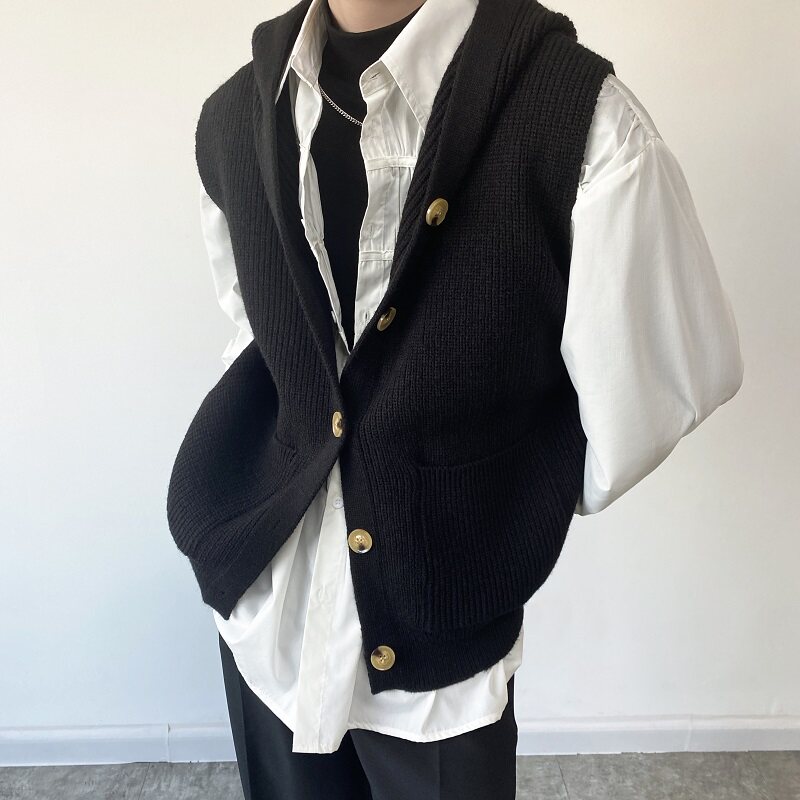 冬季加厚连帽开衫男针织背心韩版百搭纯色坎肩宽松马甲MY50P85图片