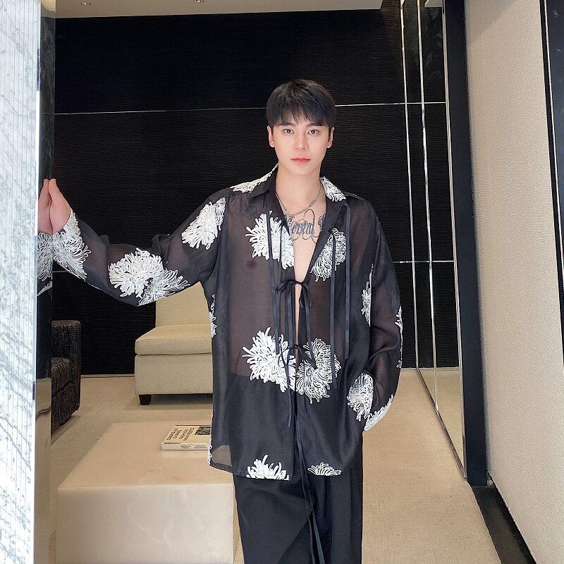 春夏新款欧根纱绣花翻领系带长袖男女衬衣个性潮流衬衫3566P95,男装衬衫,电商A246