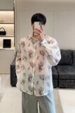 春夏新款欧根纱水墨花翻领长袖男女衬衣简约风薄纱衬衫3549P80，男装衬衫，电商A246