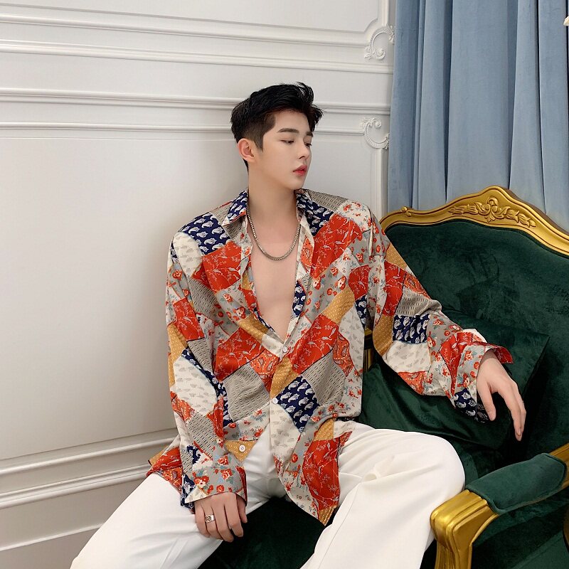 复古印花小众个性气质飘带绸缎宽松长袖衬衣A261-6904-P75，男装衬衫，电商A246