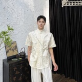 设计款锦缎立体提花盘扣立领短袖衬衣风衬衣A246-6815-P95，男装衬衫，电商A246