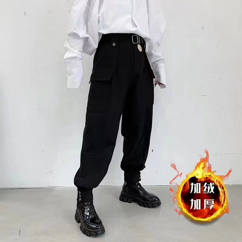 冬季暗黑加绒加厚束脚腰带设计男女长裤潮流发型师裤子2186-1P85图片