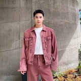 秋冬新款牛仔套装潮流多巴胺粉色翻领牛仔外套阔腿喇叭裤ZK15P195，男装工装外套，电商A246