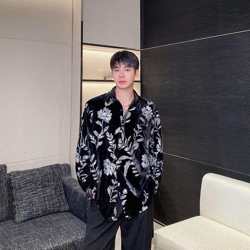 春季丝绒绣片翻领绑带设计长袖衬衣个性舞台装亮片表演服3565P115,男装衬衫,电商A246
