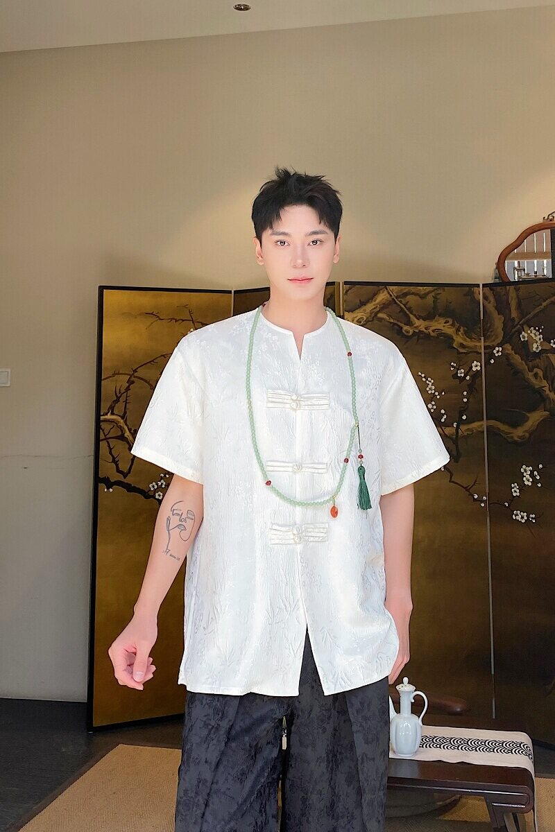夏季新中式提花盘扣圆领短袖男女衬衣复古风禅意衬衫3569P85,男装衬衫,电商A246