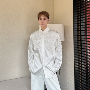 春季新款锦缎立体亮片绣花翻领长袖衬衣轻奢设计款衬衫5289P145图片