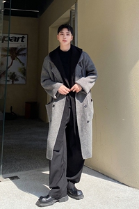 冬季撞色假两件连帽长款男女毛衣加厚宽松开衫针织外套MY58P165图片