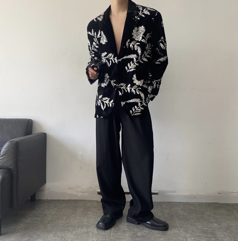 春季丝绒绣亮片中式翻领垫肩宽松男女休闲西服个性外套5252P155,男装西服,电商A246