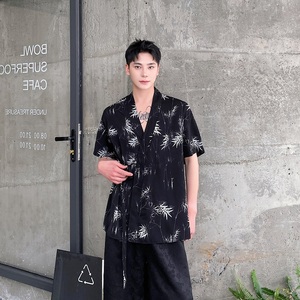夏季中式禅意墨竹绑带设计男女短袖衬衣风汉服衬衫9775P75图片