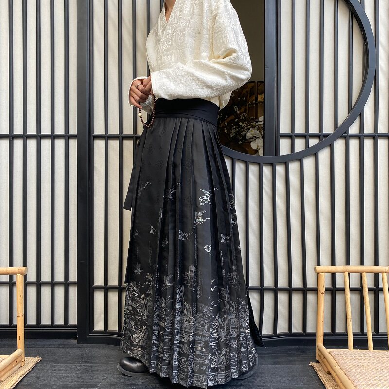 潮流缎面提花中式马面裙复古男女汉服A字百褶长裙2637P115,男装民族服装,电商A246