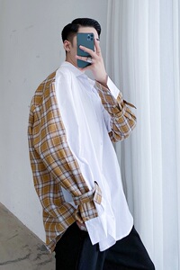 原创复古格纹拼接撞色设计宽松长袖衬衣A261-2317-P75图片