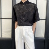 夏季新中式缎面提花立领短袖男女衬衣风禅意休闲衬衫3571P85，男装衬衫，电商A246