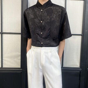 夏季新中式缎面提花立领短袖男女衬衣风禅意休闲衬衫3571P85图片