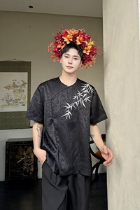 夏季新中式提花刺绣圆领短袖男女衬衣风复古衬衫7627P95图片