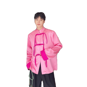 春季新中式撞色设计盘扣立领长袖男女衬衣潮流风衬衫5256P95图片