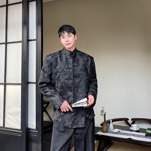 秋冬中式浮雕花纹立领盘扣短款男女皮衣外套潮流风上衣2633P135