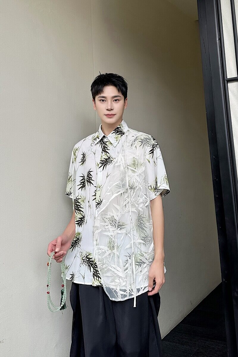 夏季新中式墨竹印花多片刺绣网纱翻领短袖男女衬衣6824P90,男装T恤,电商A246