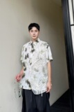 夏季新中式墨竹印花多片刺绣网纱翻领短袖男女衬衣6824P90，男装T恤，电商A246